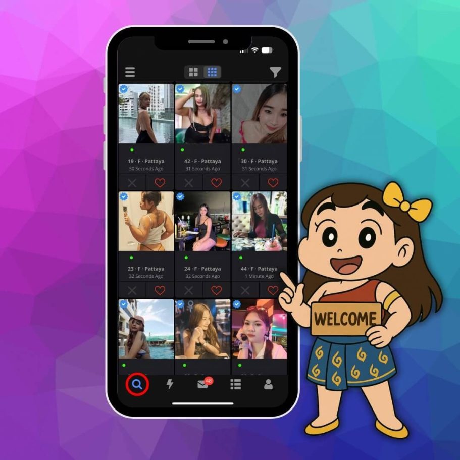 Startbildschirm der ThaiFriendly App mit Profilansicht von Frauen aus Pattaya und gezeichneter Figur mit Welcome Schild