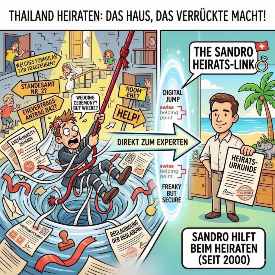 Heiraten in Thailand ohne Stress mit dem Swiss Helping Point Illustration zum Heiraten in Thailand: Bürokratie-Chaos vs. rechtssichere Lösung durch Swiss Helping Point.