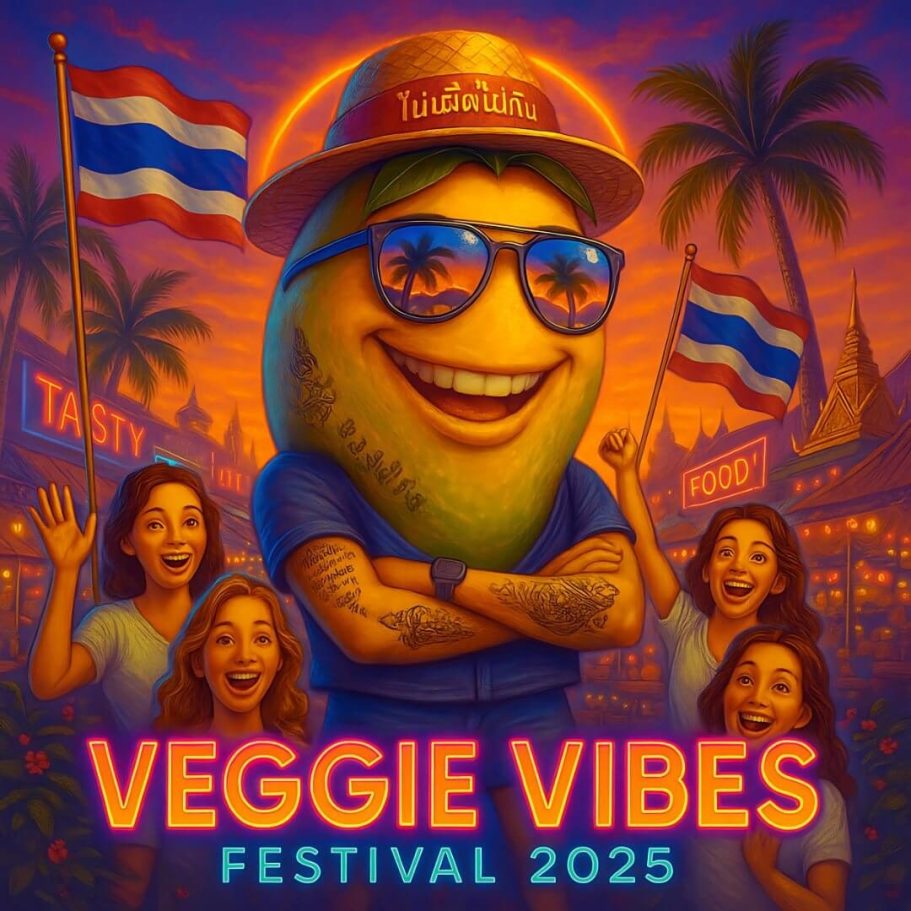 Veggie Vibes – Illustration Bunte Festival-Illustration mit einer coolen Mango-Figur in Sonnenbrille, Tattoos und Basecap, umgeben von lachenden Menschen.