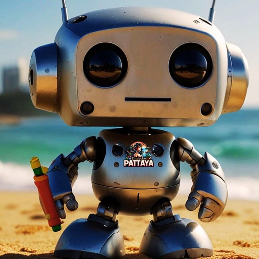 Dein virtueller Guide für Pattaya – Der PattayaBot mit Wasserpistole für Songkran Der PattayaBot von Entdecke Pattaya – smarter virtueller Guide mit Wasserpistole am Strand, bereit für das Songkran-Festival.