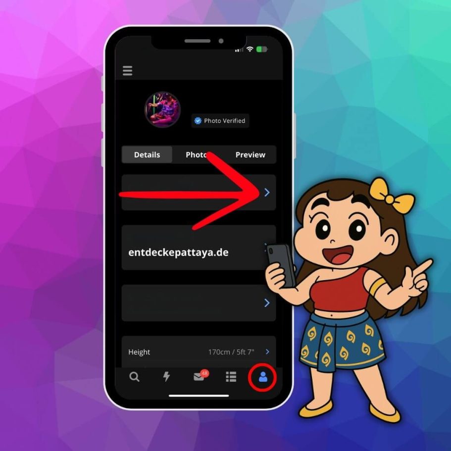 Profilmenü in der ThaiFriendly App mit rotem Pfeil auf die Bearbeitungsoption und gezeichneter Figur mit Handy