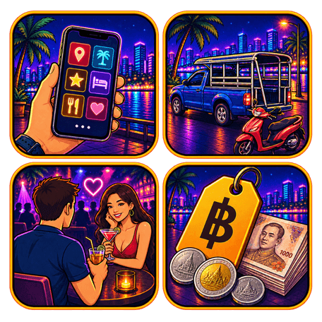 Grafische Illustration mit Smartphone, Baht Bus und Roller, Paar beim Drink sowie Preisschild mit Baht Symbol