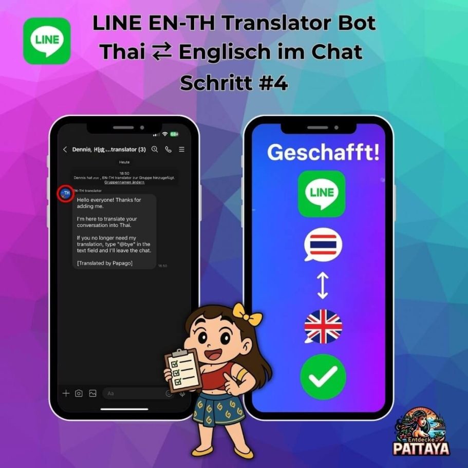 Echtzeit-Uebersetzung in deinen LINE-Chats LINE Translator Bot: Thai-Englisch Uebersetzung Schritt 4 - Uebersetzte Nachrichten im Gruppenchat mit Geschafft Anzeige