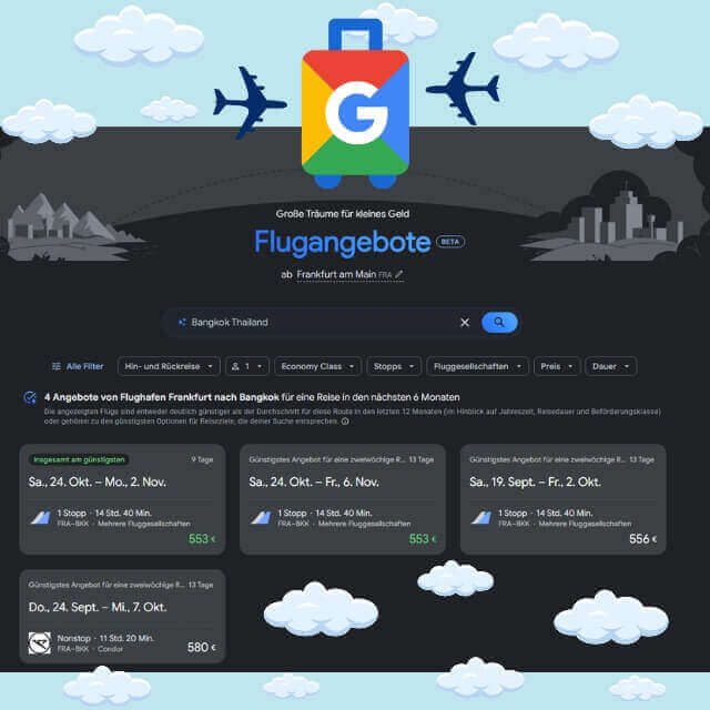 Google Flights zeigt Flugangebote von Frankfurt nach Bangkok mit Preisen und verschiedenen Reisedaten