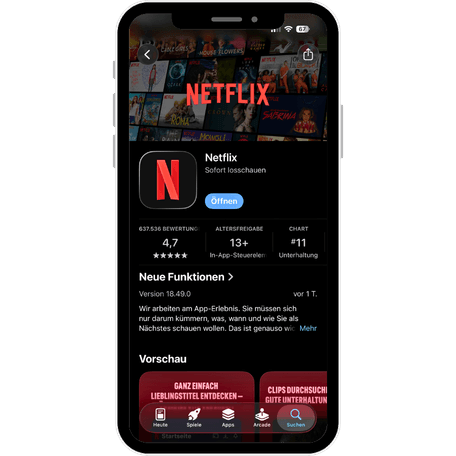 Netflix App auf einem iPhone mit geöffnetem App Store Eintrag