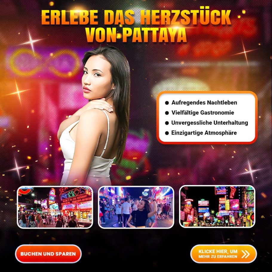 Eine Frau in weißem Top auf der Walking Street in Pattaya, umgeben von Neonlichtern.