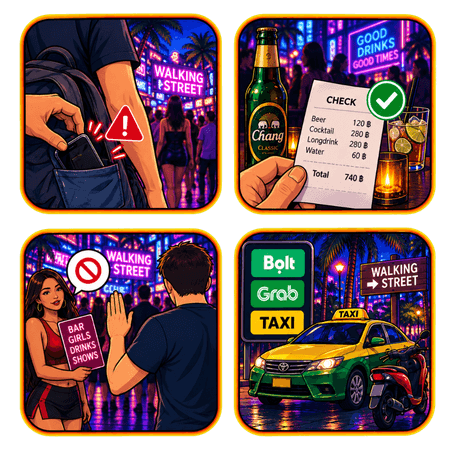rafische Illustration mit Tipps zu Wertsachen, Rechnungen, Promotern und Anfahrt auf der Walking Street