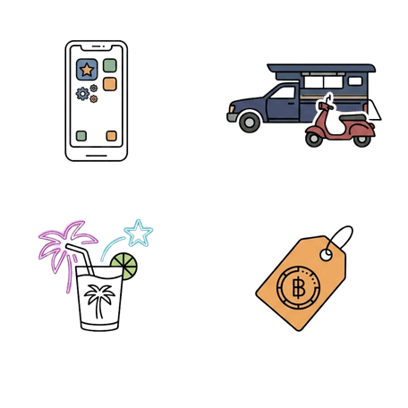 Grafische Illustration mit Smartphone, Songthaew, Roller, Cocktail und Preisschild mit Baht Symbol