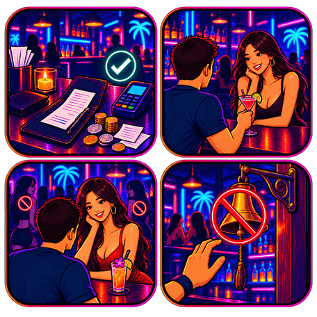 Bar Tipps – Rechnung, Lady Drink und Barglocke Grafische Illustration mit Barrechnung, Lady Drink, Gespräch mit einer Frau und hängender Barglocke