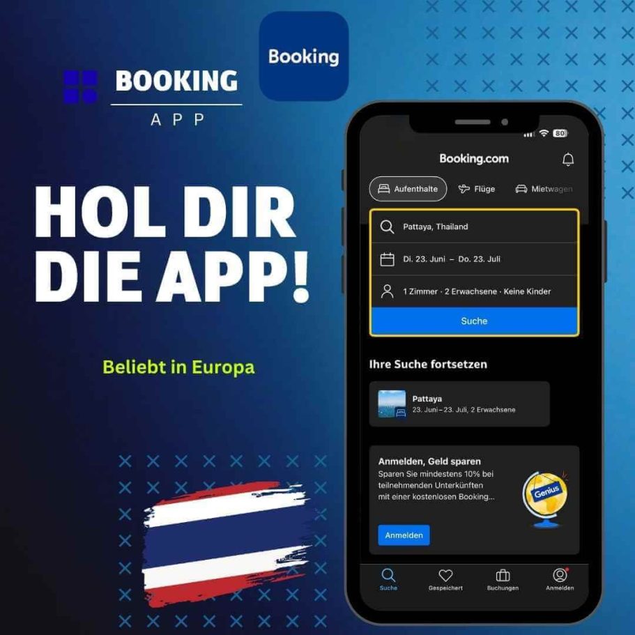 Booking.com App auf Smartphone mit Hotelsuche Pattaya Thailand für zwei Erwachsene