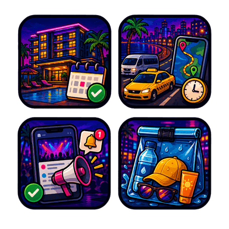 Grafische Illustration mit Hotel, Navigation, Smartphone und Ausrüstung für Events in Pattaya