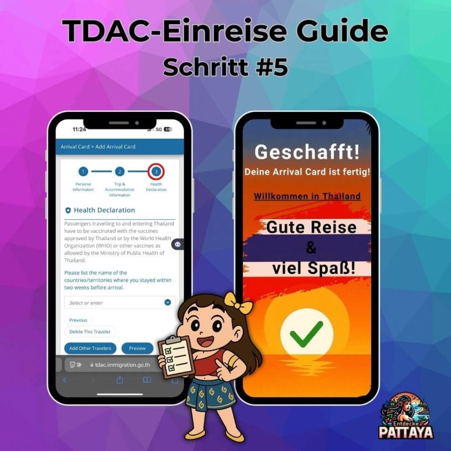 TDAC Thailand Digital Arrival Card Schritt 5 - Gesundheitserklärung und erfolgreicher Abschluss mit Pattaya-Maskottchen