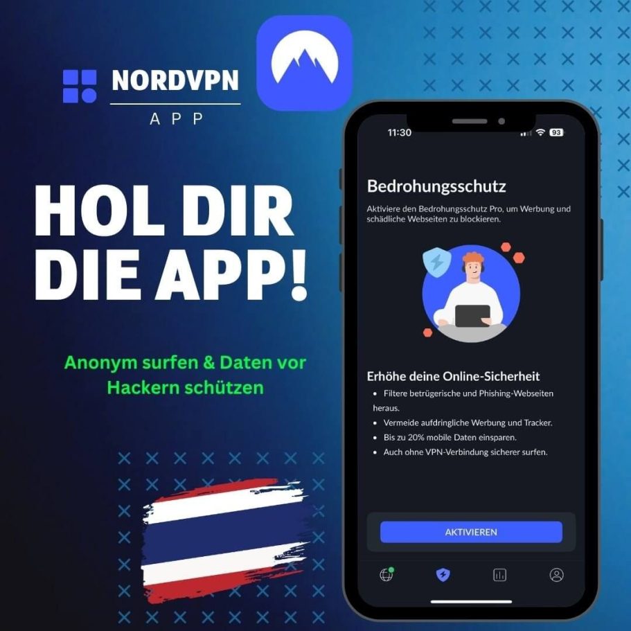 NordVPN App Thailand jetzt laden und anonym und sicher surfen NordVPN App Werbegrafik mit Text Hol dir die App und Vorschau des Bedrohungsschutzes auf dem Smartphone