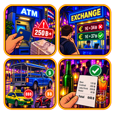 Grafische Illustration mit ATM, Wechselstube, Baht Bus, Taxi, Roller und Barrechnung mit Preisen in Baht