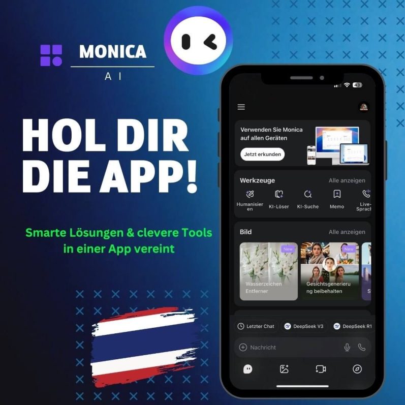 Monica AI App mit Smartphone-Ansicht und cleveren Tools