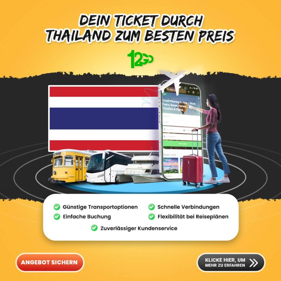 12go Asia Banner: Günstige Tickets für Bus, Bahn und Fähren in Thailand. Eine Frau mit Koffer wählt Verbindungen über ein Smartphone aus.