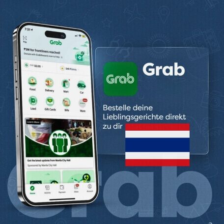 Smartphone mit geöffneter Grab App und verschiedenen Diensten wie Food, Delivery, Mart und Car
