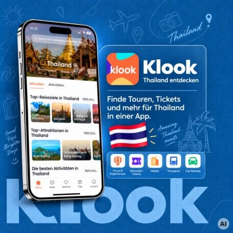 Grafik mit Smartphone und Klook Auswahl für Thailand sowie Bereichen für Touren, Tickets, Hotels, Transport und Mietwagen