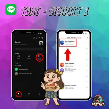 LINE App mit geöffneten offiziellen Konten und ausgewähltem EN-TH Translator