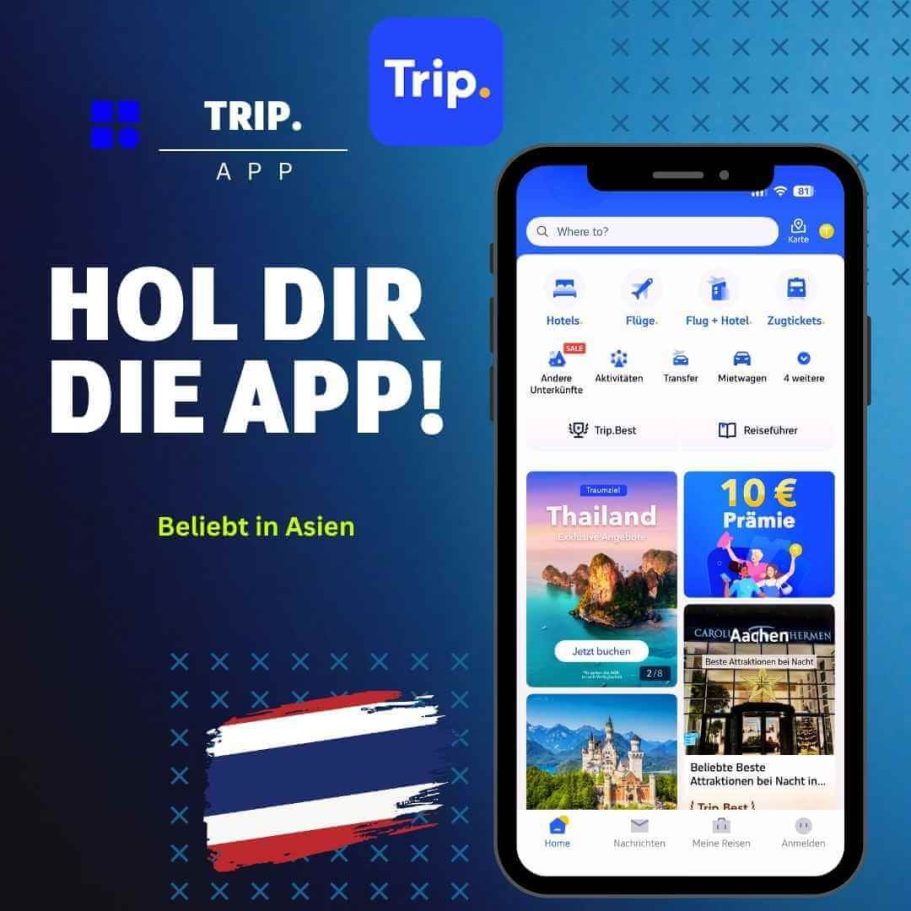 Trip.com App auf Smartphone mit Hotelsuche Hotels Flüge und Aktivitäten für Thailand