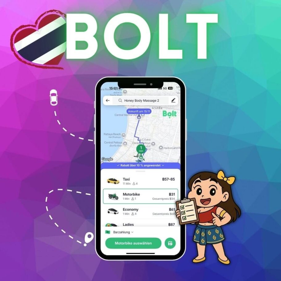 Nie wieder Taxi-Stress in Pattaya: Die Bolt App Bolt Taxi-App Interface mit thailändischem Maskottchen und Fahrtoptionen