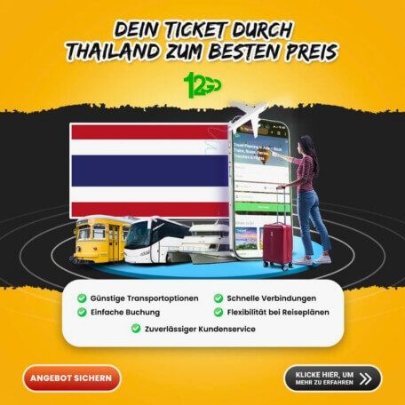 12Go Verbindungen durch Thailand 12Go Werbebanner mit Thailand-Flagge, Bus, Smartphone, Koffer und verschiedenen Transportoptionen