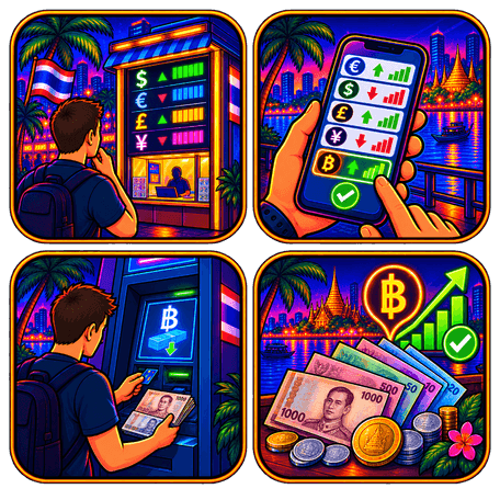 Geld wechseln in Pattaya – Wechselkurs, ATM und Baht Grafische Illustration mit Wechselstube, Wechselkursvergleich am Smartphone, Geldautomat und thailändischen Baht