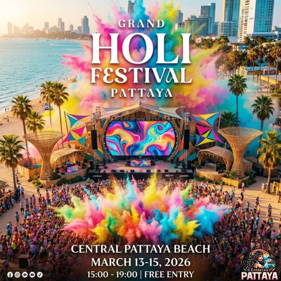Grand Holi Festival Pattaya 2026: Bunte Farbenexplosion am Central Pattaya Beach mit Bühne und Menge.