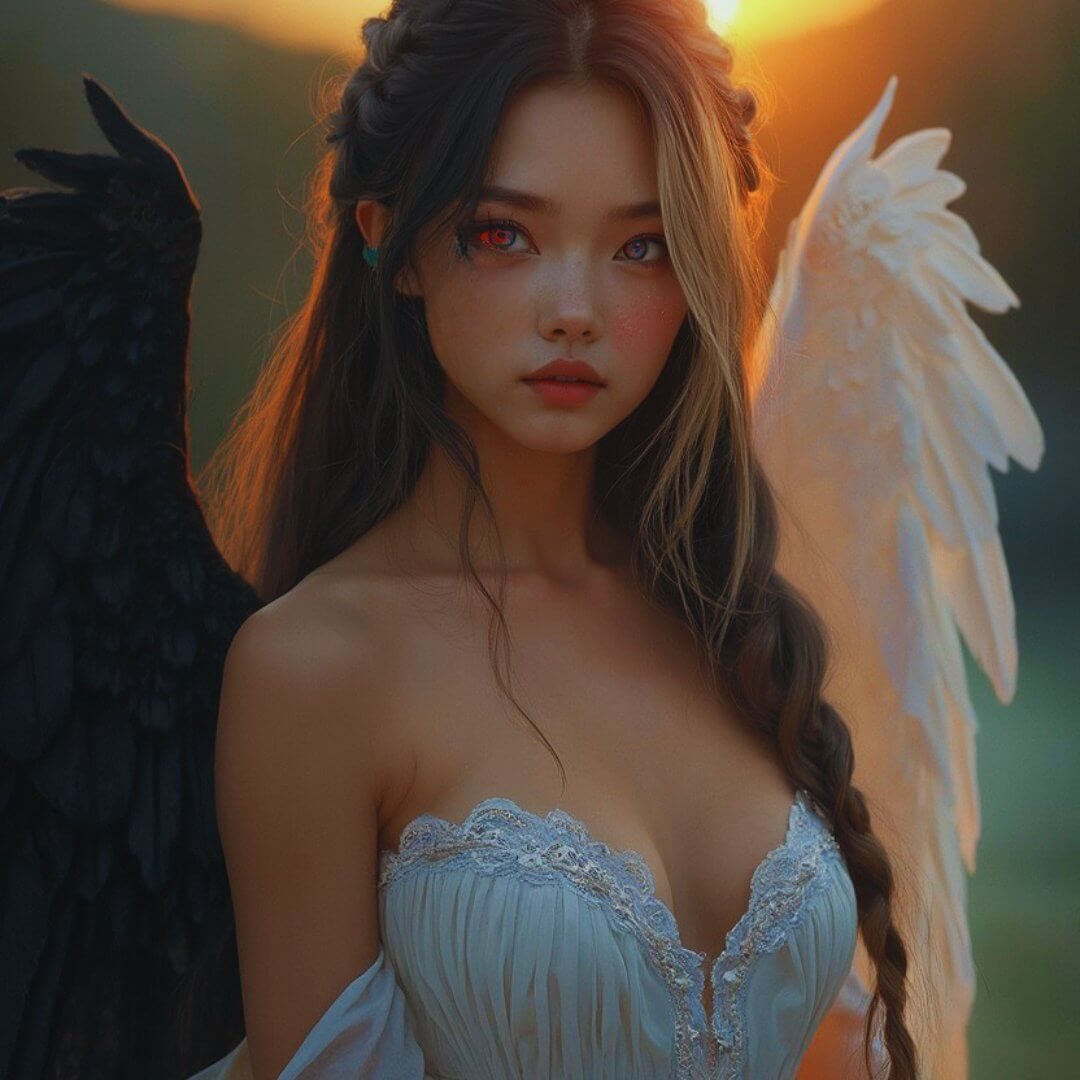 Fantasy-Bild einer Frau aus Pattaya, Thailand, mit schwarzen und weißen Flügeln vor einem Sonnenuntergang.