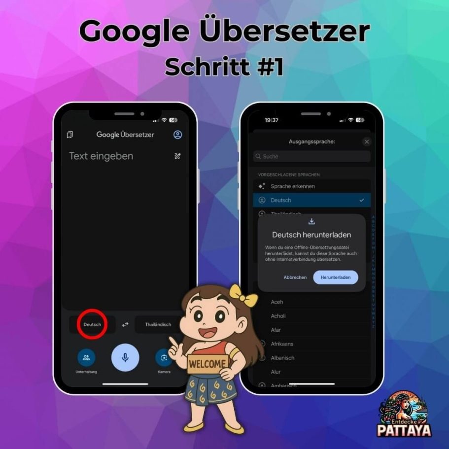 Google Übersetzer App mit zwei Smartphone-Screens, Cartoon-Figur mit „Welcome“-Shirt und farbigem Hintergrund – Schritt 1 zur Sprachauswahl