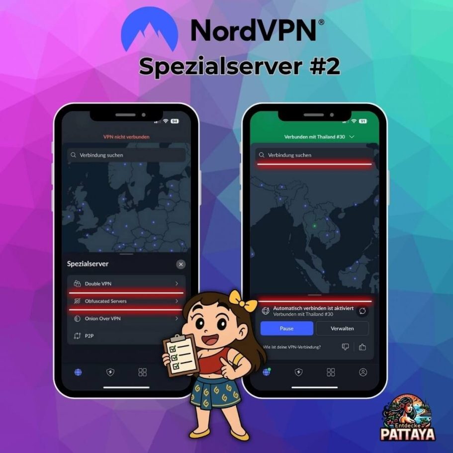 NordVPN Spezialserver Schritt 2 – Obfuscated Servers aktivieren und mit Thailand-Server verbinden, um Netflix in Thailand sicher zu streamen