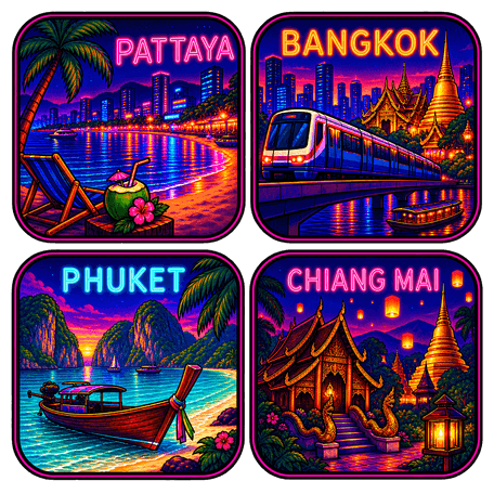 Grafische Illustration mit Pattaya, Bangkok, Phuket und Chiang Mai als vier Reiseziele in Thailand