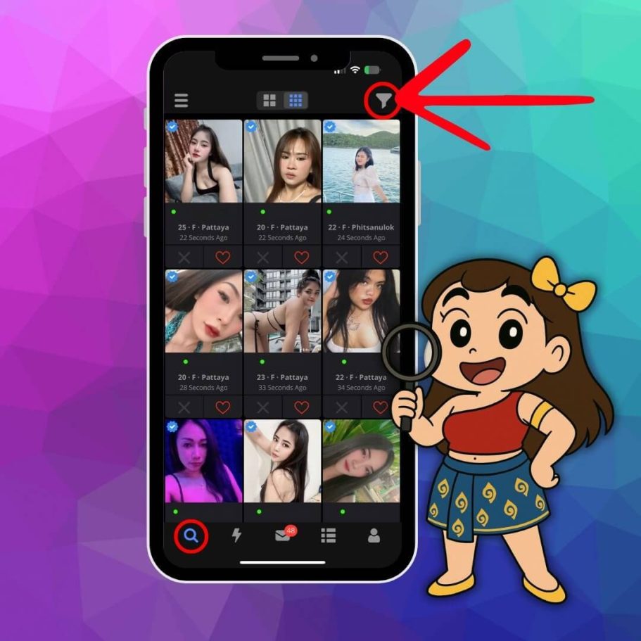 Profilübersicht in der ThaiFriendly App mit rotem Pfeil auf den Filter Button und gezeichneter Figur mit Lupe