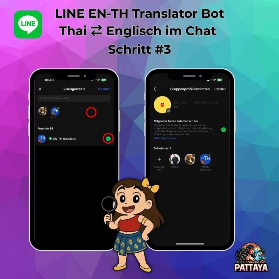 Dein digitaler In-App Uebersetzer für Thailand LINE Translator Bot: Thai-Englisch Uebersetzung Schritt 3 - Bot zur Gruppe hinzufügen