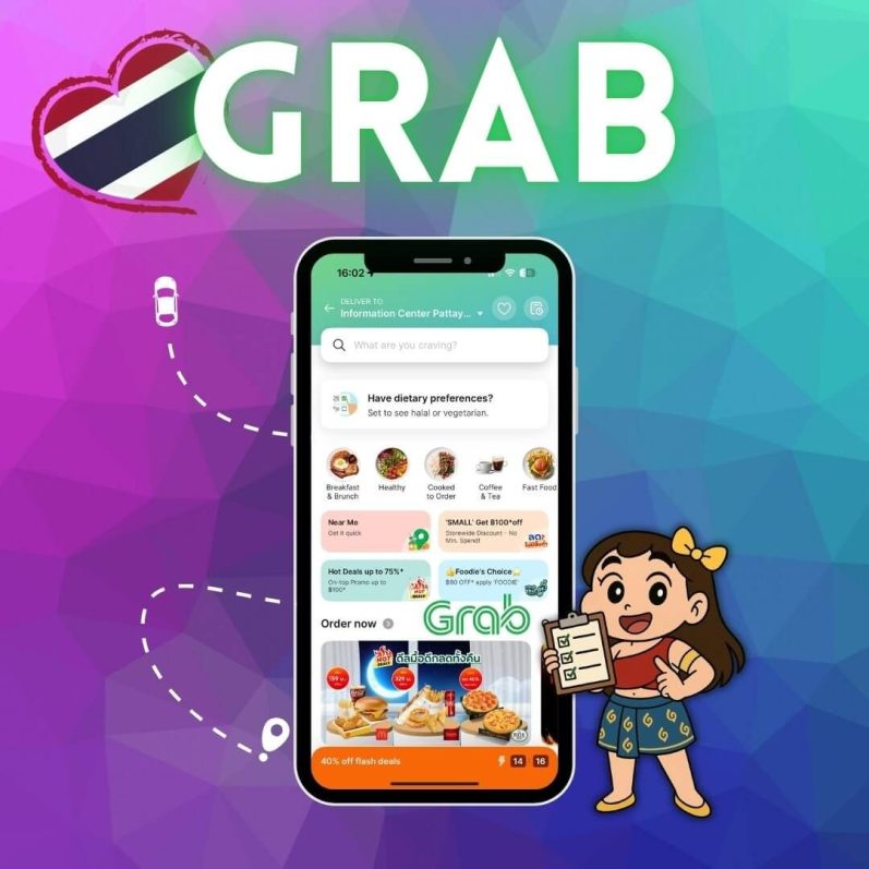 Grab App auf Smartphone mit Essenslieferoptionen und thailändischem Maskottchen vor buntem Hintergrund