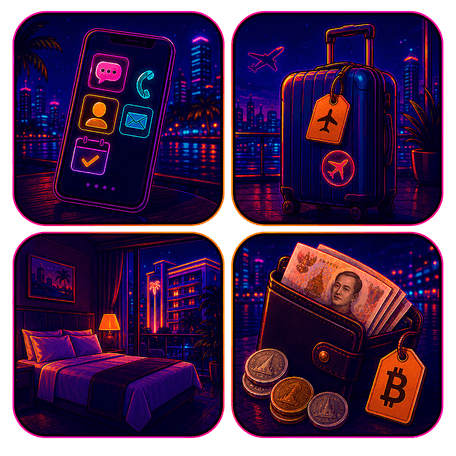 Thailand Reise Icons für Planung, Unterkunft, Kontakte und Budget Grafische Illustration mit Smartphone, Reisekoffer, Hotelzimmer und Portemonnaie mit thailändischen Baht