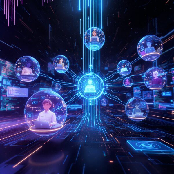 Digitale Vernetzung & Online Zusammenarbeit Zentrales Netzwerk mit blauen Linien und Schaltkreisen. Symbolisiert Online Kommunikation und Zusammenarbeit.