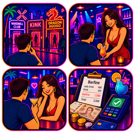Grafische Illustration mit GoGo-Bar-Auswahl, serviertem Drink, Gespräch mit einer Frau und Barfine Rechnung