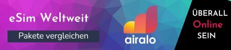Airalo eSIM-Button mit Farbverlauf in lila und blau für weltweite mobile Datennutzung
