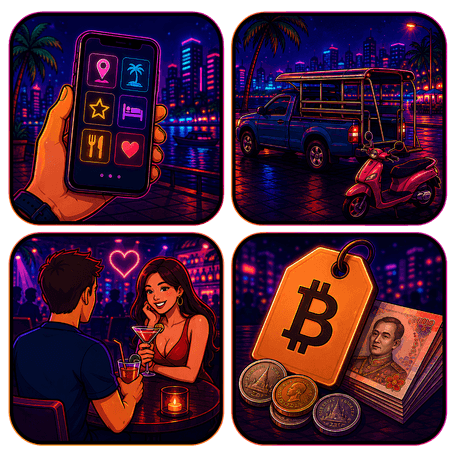 Grafische Illustration mit Smartphone, Baht Bus und Roller, Paar beim Drink sowie Preisschild mit Baht Symbol