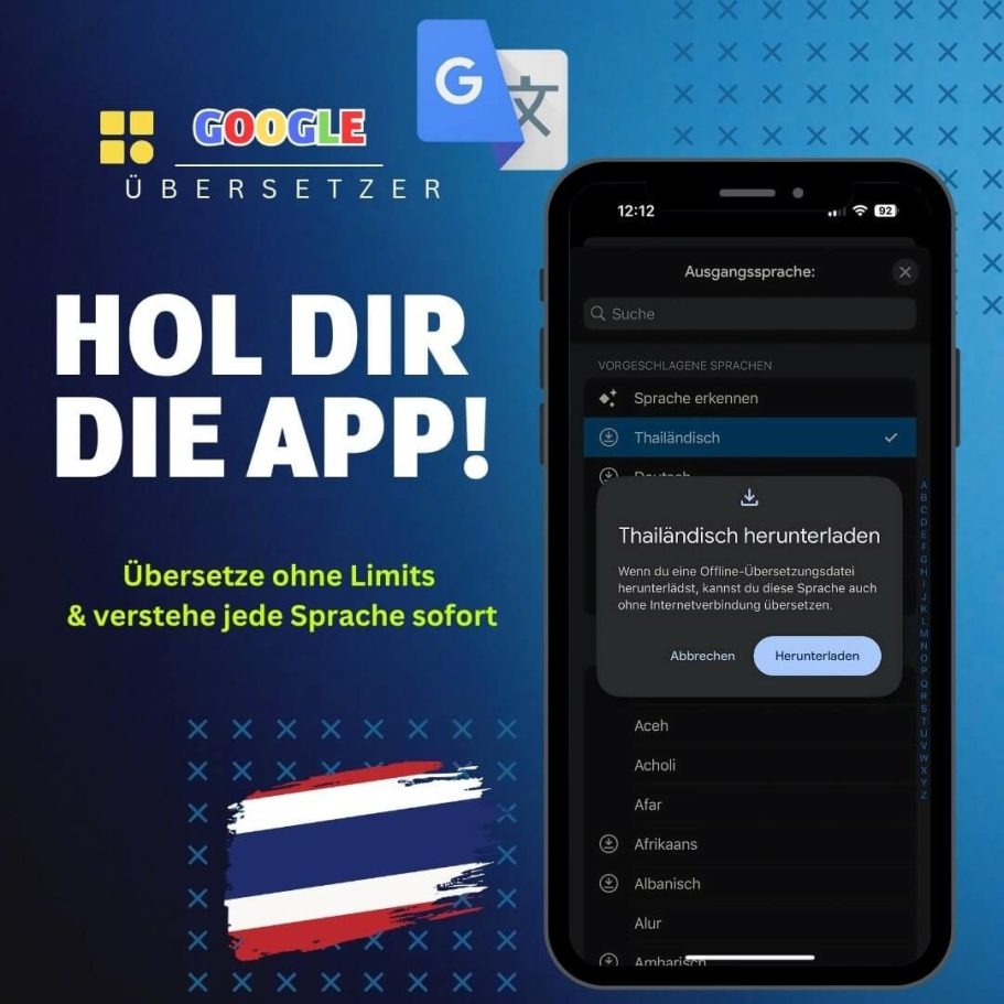 Google Übersetzer mit Handy-Screenshot, Aufschrift „Hol dir die App!“ und Thailand-Flagge auf blauem Hintergrund