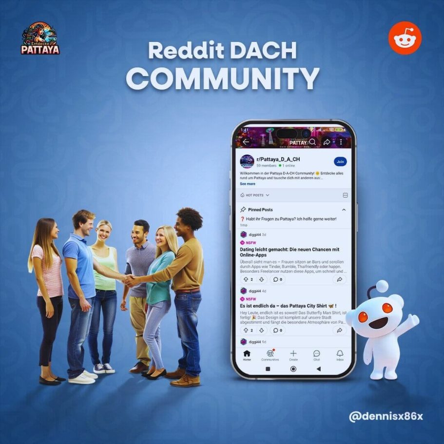 Reddit DACH Community für Pattaya mit Smartphone-Ansicht der Gruppe, Gruppenmitgliedern im Hintergrund und Reddit-Maskottchen
