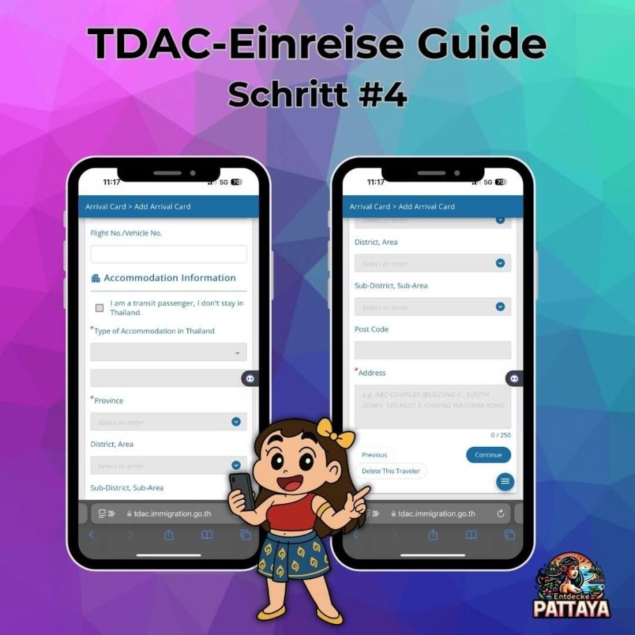TDAC Thailand Digital Arrival Card Schritt 4 - Unterkunftsinformationen eingeben mit Pattaya-Maskottchen