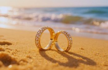 Zwei goldene Eheringe im Sand am Strand mit Meereswellen im Hintergrund bei Sonnenuntergang