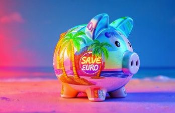 Bunte Kuh-Spardose mit Euro-Geldscheinen auf einer Wiese – Symbol für Geld sparen bei Reisen nach Thailand.