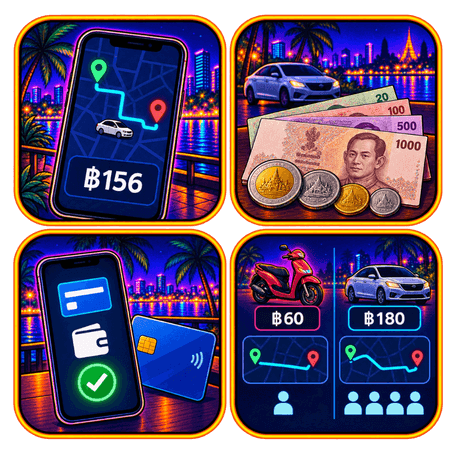 Grafische Illustration mit Smartphone und Fahrpreis, Baht-Scheinen und Münzen, digitaler Zahlung sowie Preisvergleich