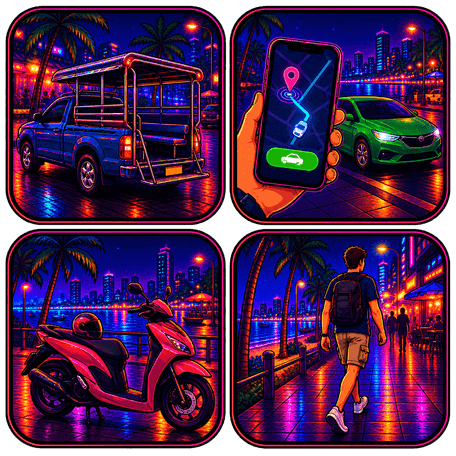 Grafische Illustration mit Pattaya Baht Bus, Ride-Hailing-Auto, Roller und Fußgänger