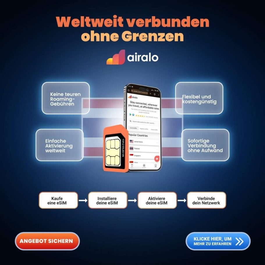 Airalo eSIM: Weltweit verbunden ohne Grenzen – Spar-Tipps für Reisen, keine Roaming-Gebühren, flexible Tarife, einfache Aktivierung.