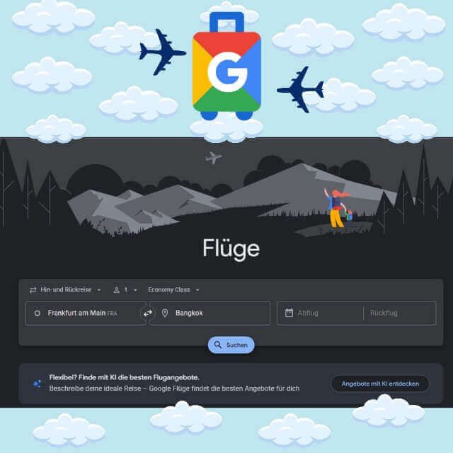 Google Flights Suche für einen Flug von Frankfurt nach Bangkok mit flexiblen Reisedaten