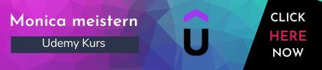 Monica meistern Button, inklusive Udemy Logo und klarer Handlungsaufforderung zum Kursstart